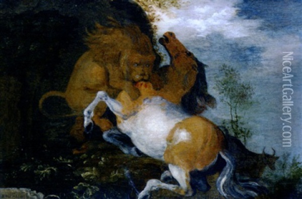 Lionne Attaquant Un Cheval Oil Painting - Roelandt Savery