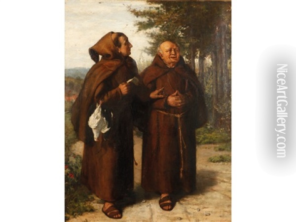 Two Friars Walking And Conversing In A Landscape Oil Painting - Charles Trevor Garland