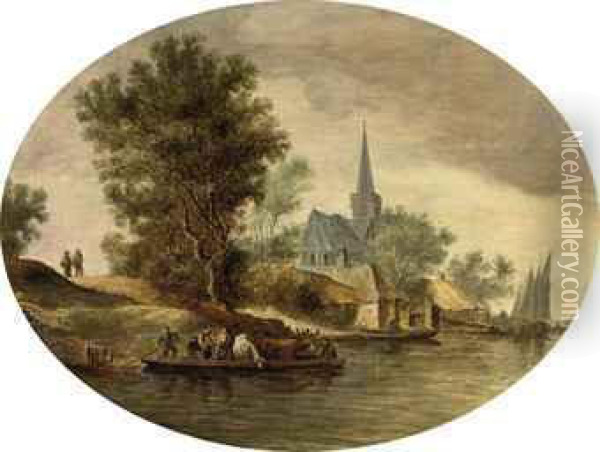 A River Landscape With A Ferry Crossing Near A Village Oil Painting - Wouter Knijff