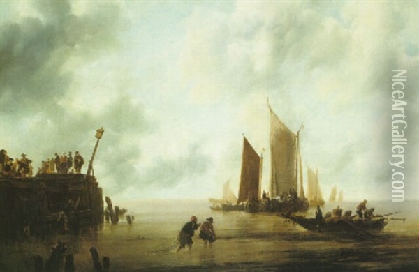 A Seascape With Fishermen And Figures On A Pier Oil Painting - Jan Van De Cappelle