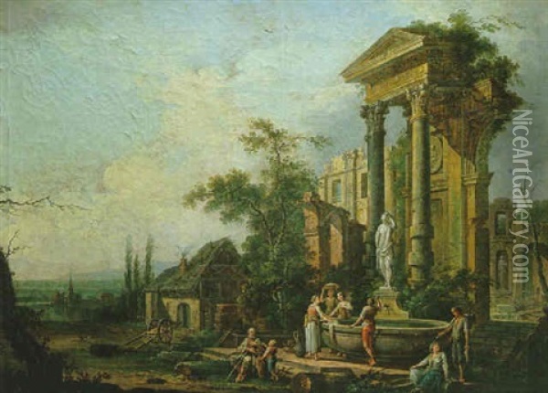 Le Repos Des Paysans Pres De La Fontaine Antique Oil Painting - Jean Baptiste Charles Claudot