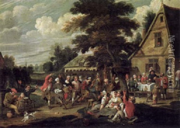 Feiernde Bauern Vor Einem Dorfgasthaus Oil Painting - Thomas Van Apshoven