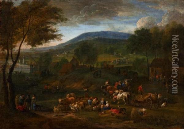 Weite Flusslandschaft Mit Bauern Und Vieh Oil Painting - Adriaen Frans Boudewijns