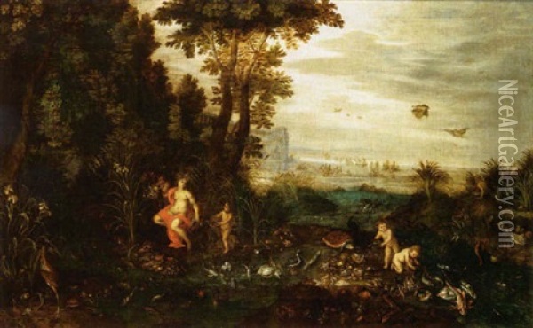 An Allegory Of Air And Water, A Scene With Neptune And Amphitrite In The Background Oil Painting - Jan Brueghel the Elder