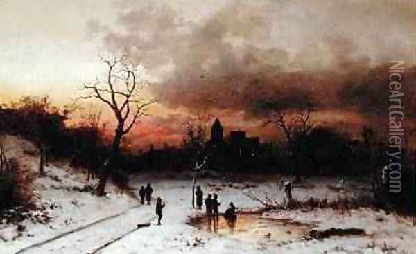 Skating at Sunset Sunset and Skaters 1883 Oil Painting - Ludwig Munthe