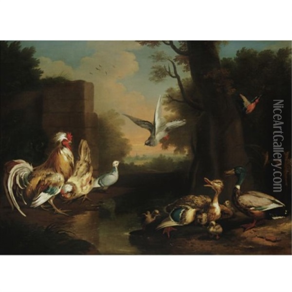 A Rooster, Hen, Ducks And Other Birds In A Landscape Oil Painting - Pieter Casteels III