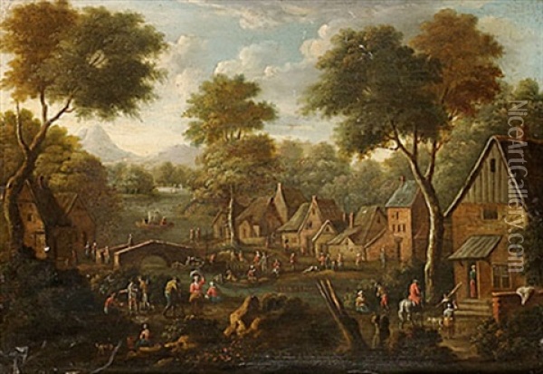 Landskap Med Byggnader Och Figurer Oil Painting - Adriaen Frans Boudewyns the Elder