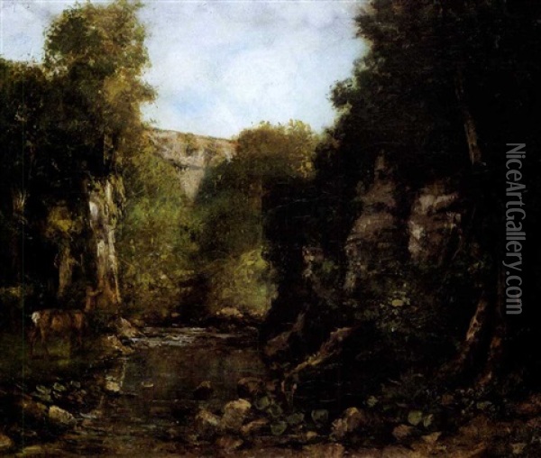 A Doe In A River Landscape At Doubs Oil Painting - Gustave Courbet
