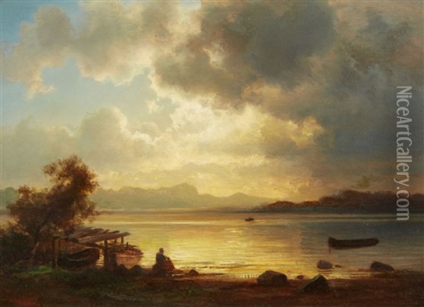 An Evening Mood At Lake Starnberg Oil Painting - Christian Ernst Bernhard Morgenstern