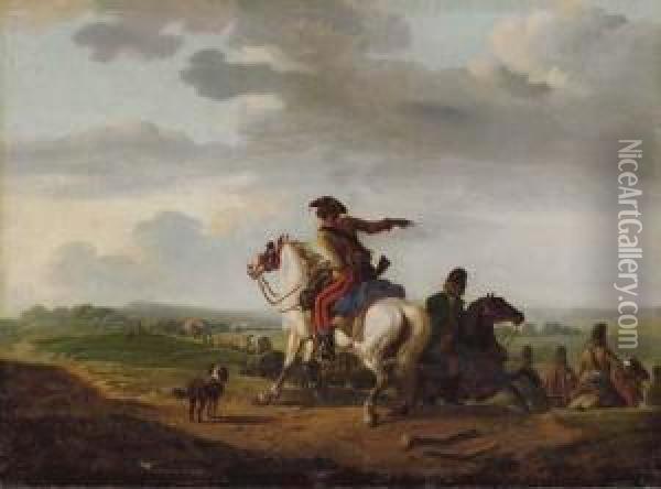 Cavalrymen Leading A Caravan Through A Landscape Oil Painting - Jean Duplessi-Bertaux