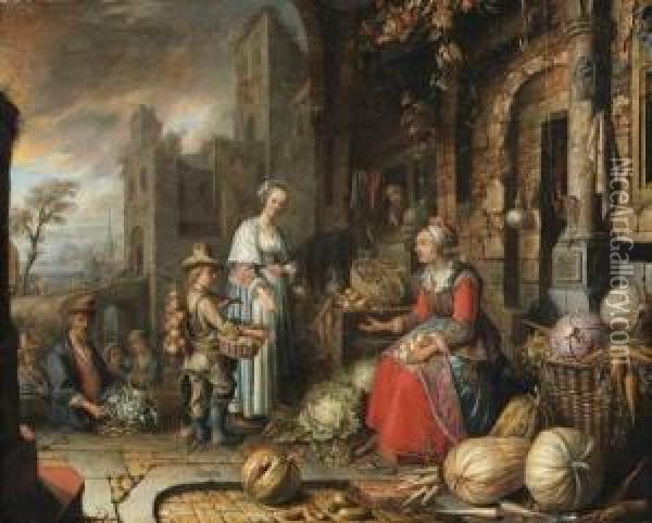 A Greengrocer's Stall By A Gothic Style Building, A Portbeyond Oil Painting - An Adriansz Van Staveren