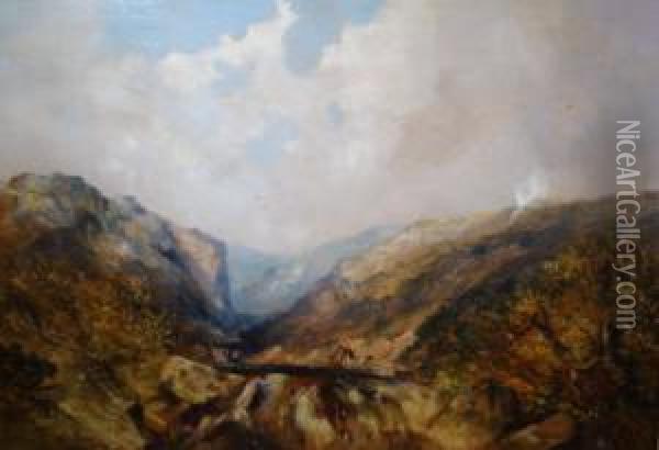 Mountainous River Landscape With A Figure Standing Fishing Above A Waterfall Oil Painting - William Tibbits