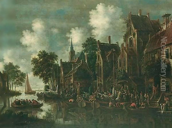 A River Landscape With Numerous Figures Conversing And Loading Their Wares Onto Fishing Boats Outside An Inn Oil Painting - Thomas Heeremans
