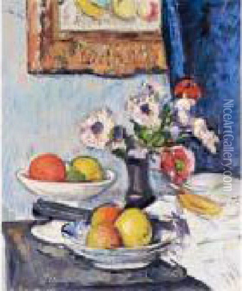 Still Life Of Anemones And Citrus Fruit Oil Painting - George Leslie Hunter