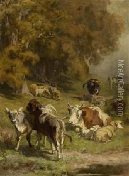 Cows And Sheep At The Forest Edge Oil Painting - Rudolf Koller