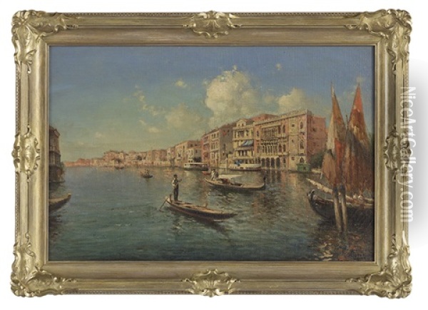 Venetian Canal Scene With Gondoliers Oil Painting - Nicholas Briganti