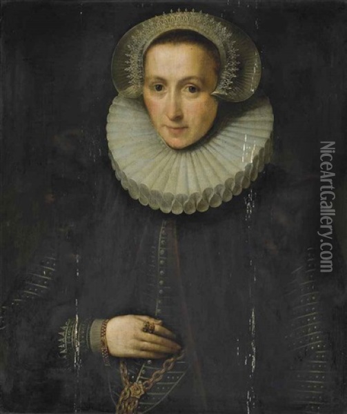 Portrait Of A Lady, Traditionally Identified As Susanna Van Vlierden (1567-1626), Half-length, In A Black Dress With A Stomacher, Wearing A Gold Chain... Oil Painting - Gortzius Geldorp