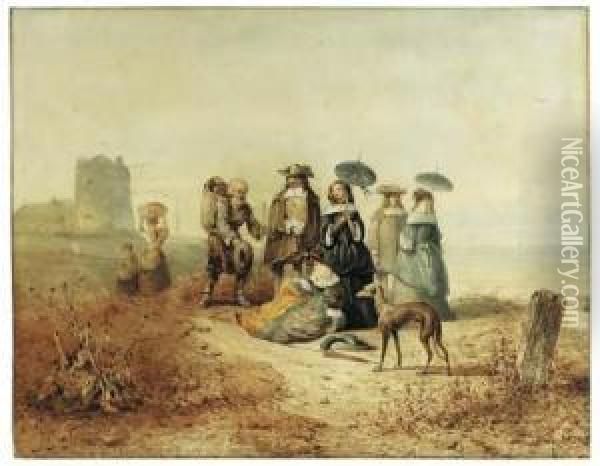 Elegant Company On A Dune Overlooking The Sea Addressed By Abeggar Oil Painting - Johan Gerard Smits