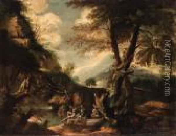 A Wooded Italianate Landscape With Banditti On An Outcrop Oil Painting - Salvator Rosa