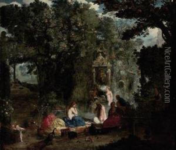 A Classical Landscape With Nymphs Bathing In A Grotto Oil Painting - Adriaan van Stalbemt