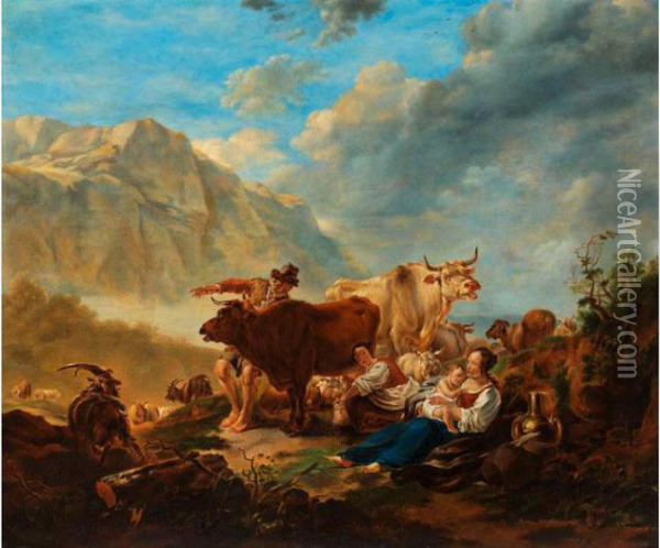 Kuhhirtenfamilie Im Hochgebirge Oil Painting - Edmund Mahlknecht