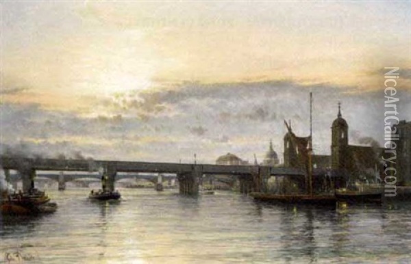 Waterloo Bridge, With Blackfriars And St. Paul's Cathedral Beyond, Dusk Oil Painting - John Donaldson