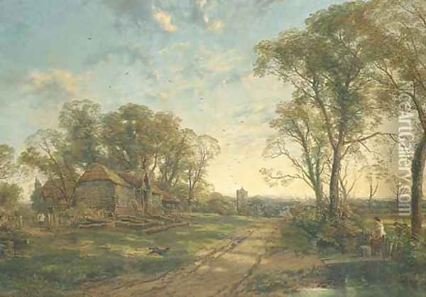 View in Surrey, with figures and a dog by a barn, a church tower beyond Oil Painting - Thomas Creswick