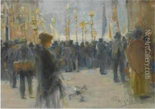Farolillos En Paris (lantern Parade In Paris) Oil Painting - Arcadio Mas Y Fondevila