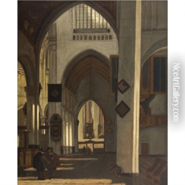 Male Figures And A Dog In A Side Aisle Of A Protestant Gothic Church Oil Painting - Emanuel de Witte