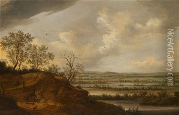 Panoramic River Landscape With Travellers And Riders Oil Painting - Johannes Pietersz Schoeff