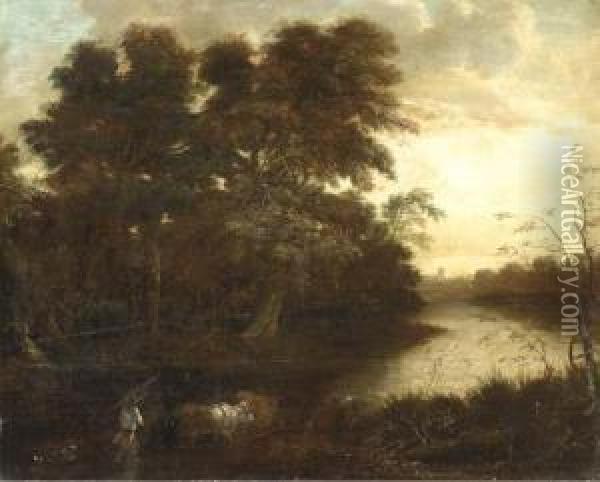 A Wooded River Landscape With A Drover And His Herd Oil Painting - Jan Siberechts