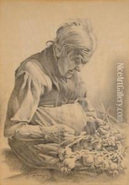 Anziana Intreccia L'aglio Oil Painting - Angelo Marinucci