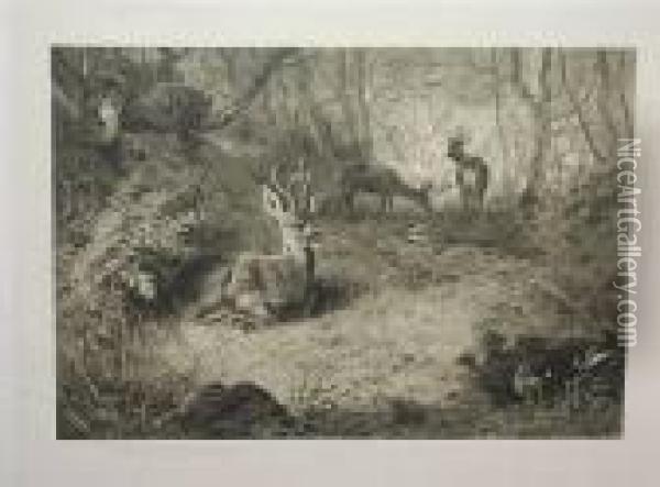 A Highland Landscape With Stags And Grouse; A Woodland Landscape With Deer Oil Painting - Archibald Thorburn