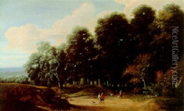 Wooded Landscape With Travelers And Dogs, Village Beyond Oil Painting - Jacques d' Arthois
