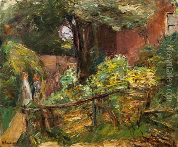 Zwei Madchen Auf Einem Waldweg - Bauerngarten Mit Bluhenden Sommerblumen Oil Painting - Max Liebermann