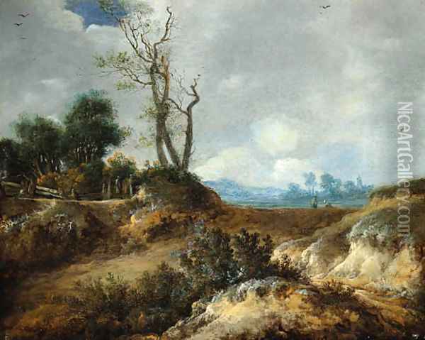 A dune landscape with peasants by a fence Oil Painting - Cornelis van Zwieten