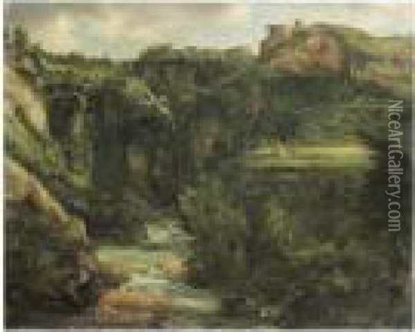 Paysans Romains Au Pied De La Cascade De Tivoli Oil Painting - Achille-Etna Michallon