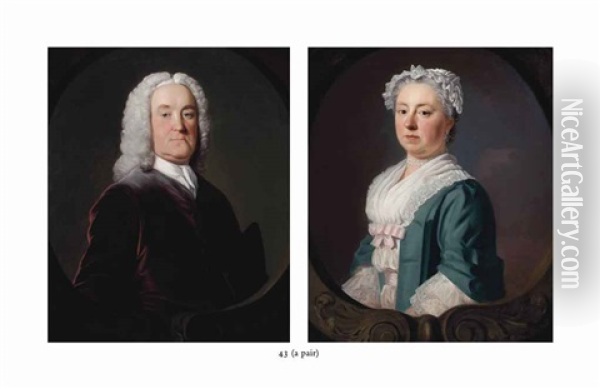 Portrait Of Edward Medley, Of Conyborough, Half-length, In A Mauve Coat And White Neckcloth, In A Sculpted Oval And Portrait Of Sarah Medley, Nee Ward Oil Painting - Allan Ramsay