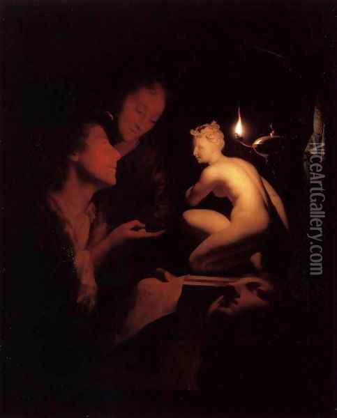 Artist and Model Looking at an Ancient Statue by Lamplight Oil Painting - Godfried Schalcken