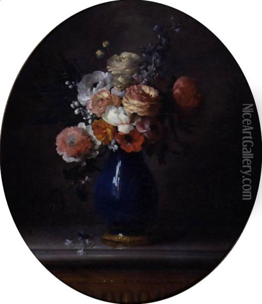 Still Life Of Flowers In A Blue Porcelain Vase Oil Painting - Anne Vallayer-Coster