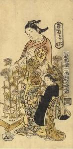 Niwa No Kiku Oyuki Fu (chrysanthemum Garden, Oyuki Style) Oil Painting - Nishimura Shigenaga