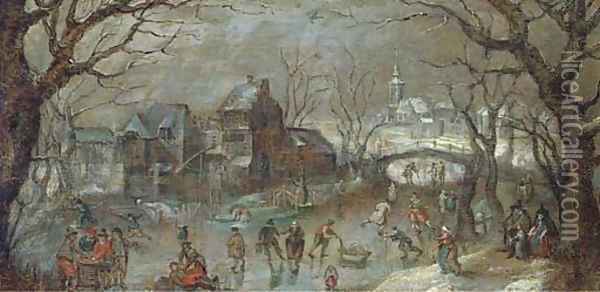 A winter townscape with skaters on a frozen lake Oil Painting - Abel Grimmer