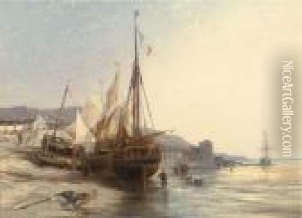 Fishing Boats On The Beach At Low Tide Oil Painting - Eugene Isabey