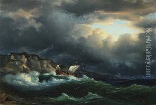 Coastal Scenery With A Sailboat In Stormy Sea Oil Painting - Fritz Siegfried George Melbye