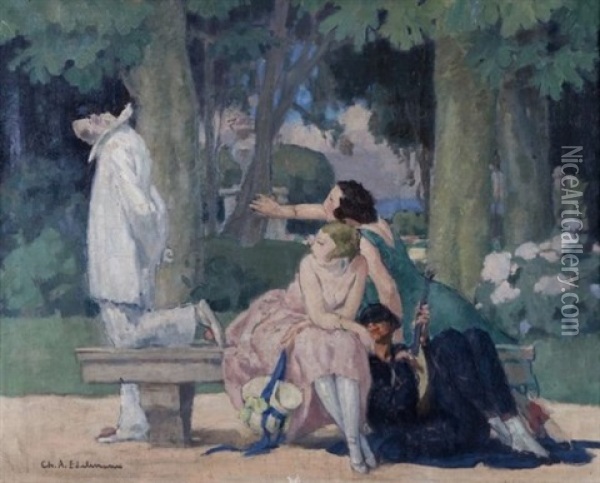 Pierrot Dans Un Parc Oil Painting - Charles-Auguste Edelmann