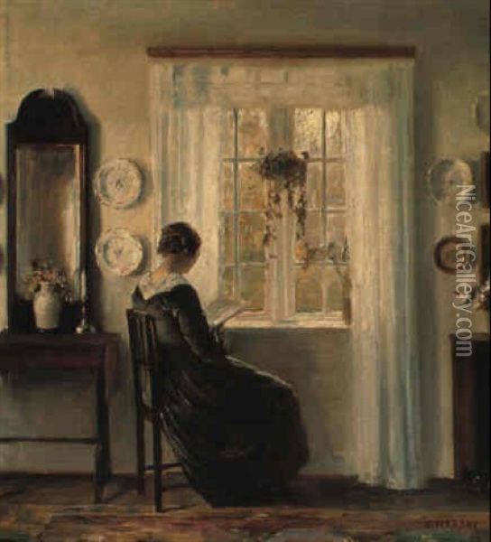 Interior Med L+sende Dame Ved Vinduet Oil Painting - Carl Vilhelm Holsoe