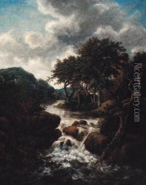 A Scandinavian Landscape With A Waterfall Oil Painting - Jacob Van Ruisdael