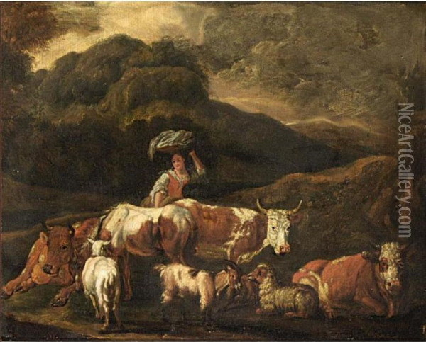 A Mountainous Landscape With A Shepherdess Tending Her Herd Oil Painting - Nicolaes Berchem