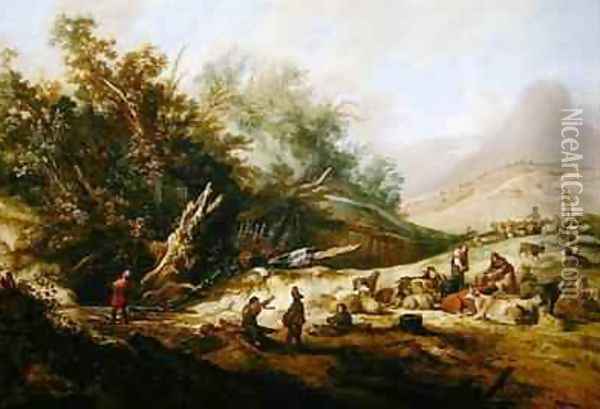 Hilly landscape with shepherds and their herd near a stream Oil Painting - Jacobus Sibrandi Mancadan
