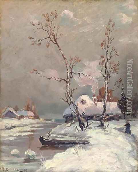 Riverside cottages in the snow Oil Painting - Iulii Iul'evich (Julius) Klever